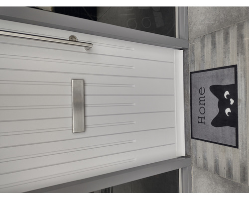 Moderní vchodové dveře s poštovní schránkou a rohožkou s motivem kočky