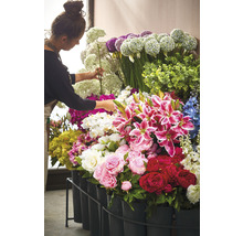 Žena aranžuje různé druhy květin v květináči v květinářství.