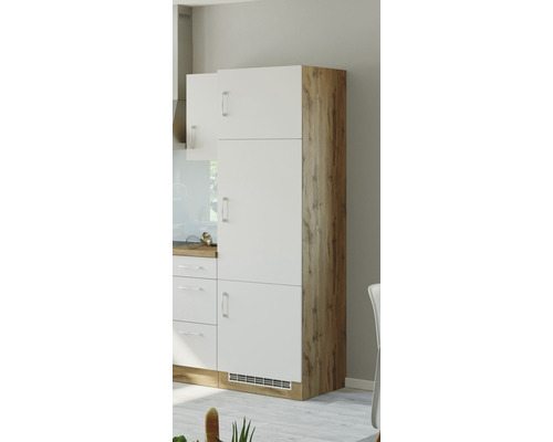 Kuchyňská skříňka s dřevěnou strukturou a bílými čely