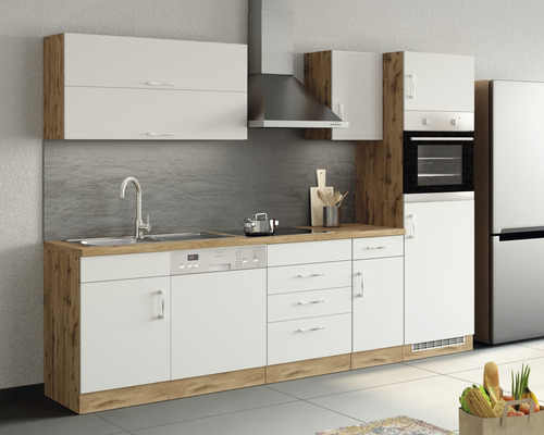 Kompletní kuchyně s dřezem, myčkou nádobí, sporákem, troubou, digestoří a lednicí.