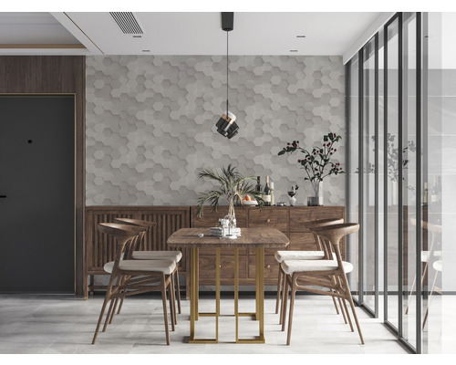 Jídelna s jídelním stolem, židlemi a příborníkem v moderním designu