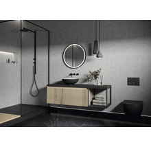 Koupelna se sprchou, umyvadlem, zrcadlem a toaletou v tmavém provedení