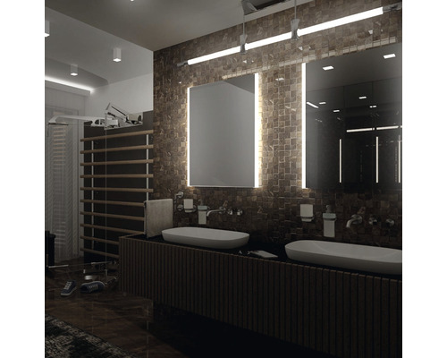 Koupelna s dvojitým umyvadlem, zrcadly s osvětlením a žebřinami