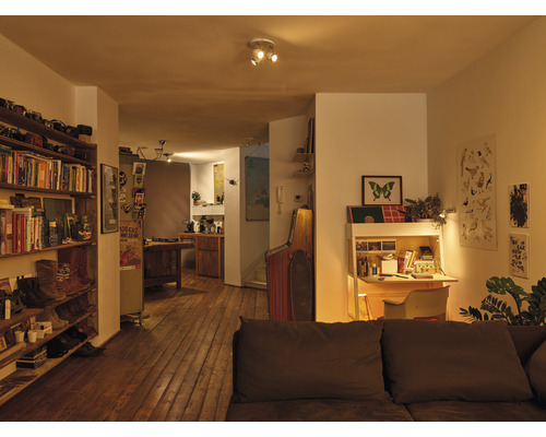 Pohled do obývacího pokoje s knihovnou, psacím stolem a dřevěnou podlahou