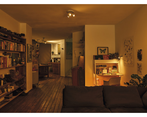 Obývací pokoj s knihovnou, psacím stolem a vstupem do kuchyně.