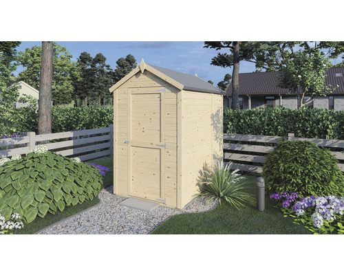 Dřevěná zahradní skříň se sedlovou střechou na zahradě