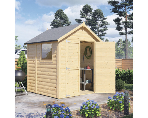 Dřevěný zahradní domek s otevřenými dvoukřídlými dveřmi a oknem