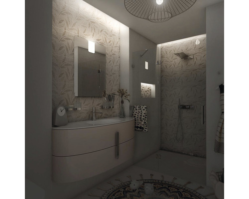 Moderní koupelna s umyvadlem, zrcadlem a sprchou