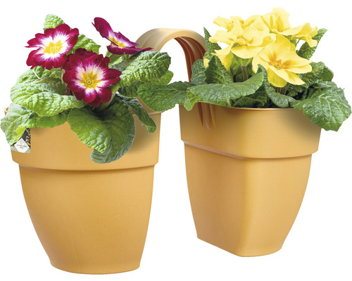 Dvojitý truhlík na květiny se žlutými a červenými prvosenkami