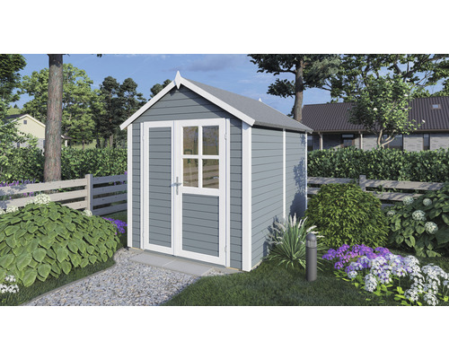 Dřevěný zahradní domek s dveřmi a oknem na zahradě