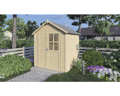 Dřevěný zahradní domek s dvoukřídlými dveřmi a oknem na zahradě