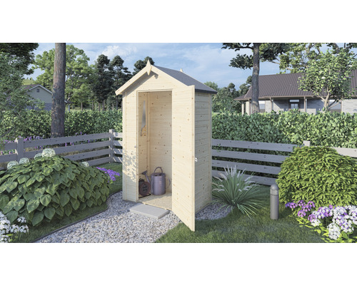 Dřevěná zahradní skříň s otevřenými dveřmi pro uložení zahradního nářadí