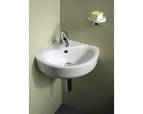 Rohový umyvadlo s baterií a miskou na mýdlo