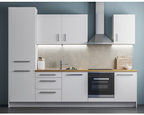 Kompletní kuchyňská linka s horními skříňkami, dřezem, sporákem a digestoří