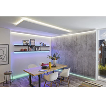 Jídelna s jídelním stolem, židlemi, regály a LED osvětlením pro moderní atmosféru