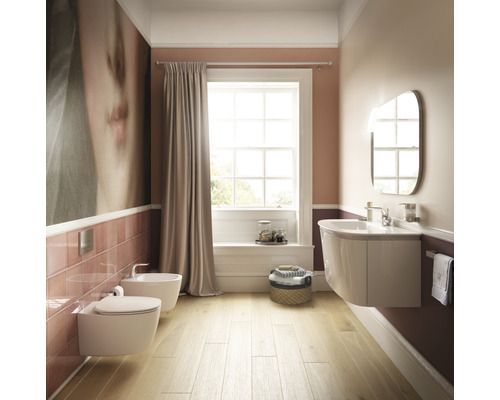 Koupelna s toaletou, bidetem, umyvadlem, zrcadlem a velkou nástěnnou malbou