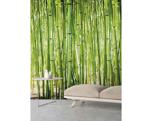 Pokoj s tapetou s motivem bambusového lesa, stolem a pohovkou