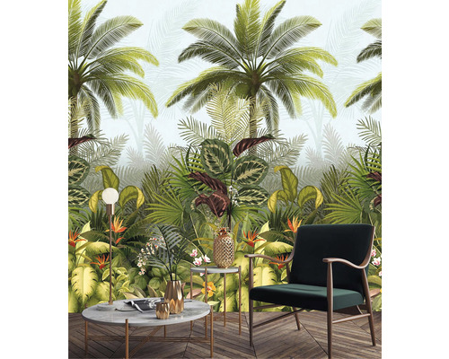 Obývací pokoj s palmami a tropickými rostlinami jako nástěnný motiv