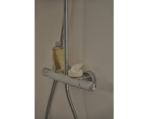 Fotografie sprchové baterie s policí, na které je umístěna lahvička, tuba a mýdlo.