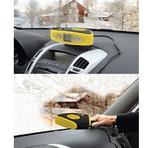 Žlutočerný odmrazovač automobilů pro rychlé odmrazování čelního skla.