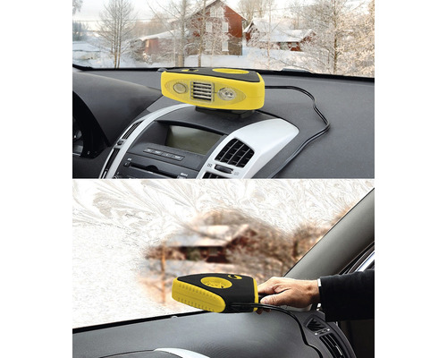 Žlutočerný odmrazovač automobilů pro rychlé odmrazování čelního skla.