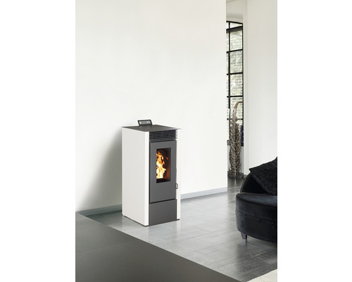 Peletová kamna v obývacím pokoji s ohněm viditelným za skleněnou tabulí