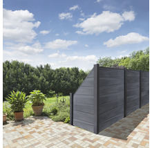 Pohled do zahrady se šedými prvky pro ochranu soukromí, které tvoří hranici pozemku