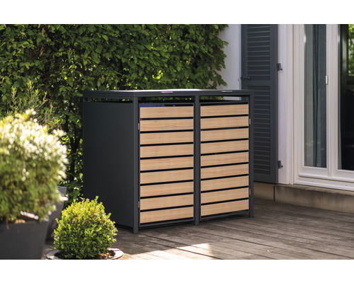 Dvojitý box na popelnice z kovu a dřeva pro venkovní použití