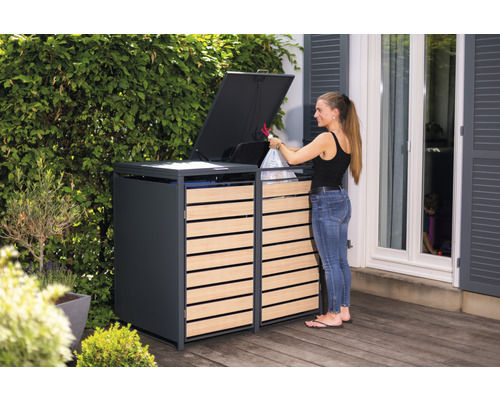 Box na popelnice pro dvě popelnice s dřevěným obložením a otevíracím víkem