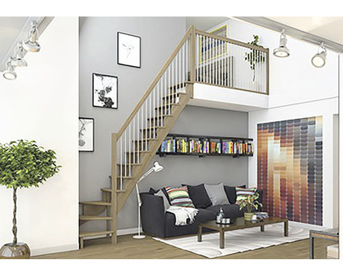 Obývací pokoj s dřevěným schodištěm, knihovnou a posezením.