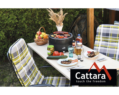 Venkovní grilovací scéna s jídlem, pitím a logem Cattara