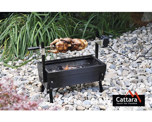 Gril s kuřetem a otočným rožněm na zahradě