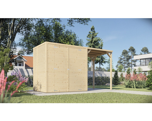 Dřevěný zahradní domek Bertilo Cubico 2 Plus Fineline 373 x 157 cm přírodní Zahradní domek s dvoukřídlými dveřmi a markýzou na zahradě