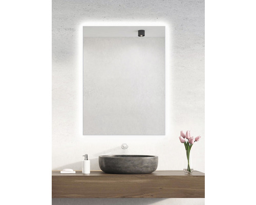 Koupelna s osvětleným zrcadlem, umyvadlem a kyticí