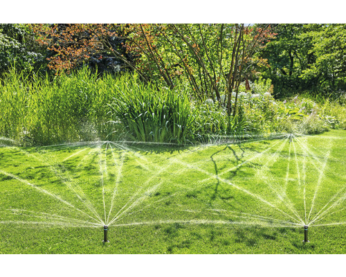 Zavlažovače zavlažují trávník v zahradě.