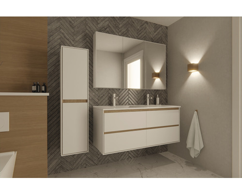 Moderní koupelna s umyvadlem, zrcadlovou skříňkou a vysokou skříní pro stylové zařízení
