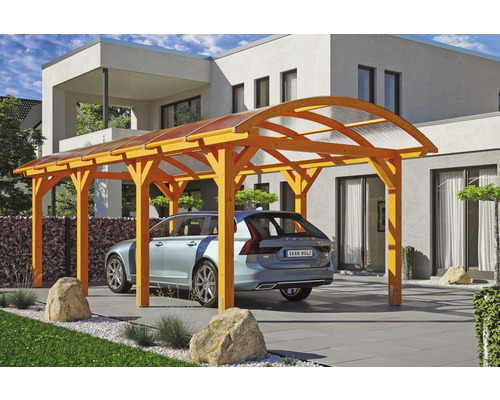 Přístřešek na auto SKAN HOLZ Franken vč. kotev na sloupky, 376 x 755 cm, světlý dub Dřevěný přístřešek pro auto s polykarbonátovou střechou a autem před obytným domem