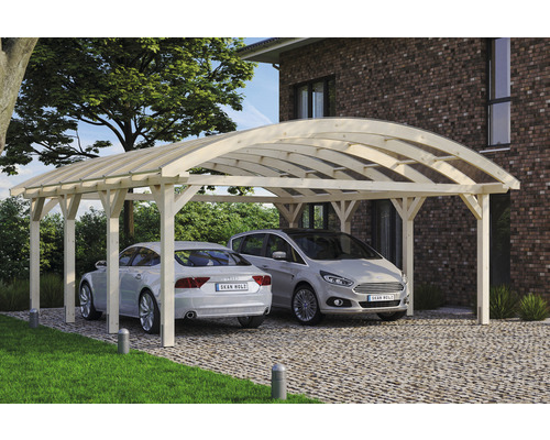 Přístřešek na auto dvojitý SKAN HOLZ Franken včetně kotev na sloupek 635 x 755 cm přírodní Dřevěný přístřešek pro auto se dvěma zaparkovanými auty