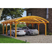 Dřevěný dvojitý carport se dvěma zaparkovanými auty