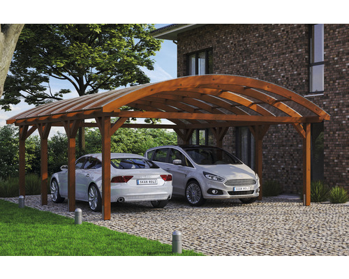 Přístřešek na auto dvojitý SKAN HOLZ Franken včetně kotev pro sloupky, 635 x 755 cm, ořech Dvojitý dřevěný přístřešek pro auto se dvěma auty