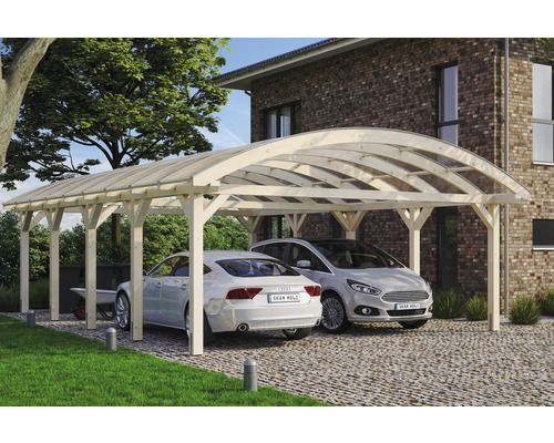Přístřešek na auto dvojitý SKAN HOLZ Franken včetně kotev na sloupek 635 x 969 cm přírodní Dřevěný dvojitý přístřešek pro auto se dvěma zaparkovanými auty