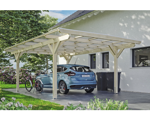 Přístřešek na auto SKAN HOLZ Odenwald vč. kotev na sloupky, 428 x 648 cm, přírodní Dřevěný carport s autem, kolem a popelnicemi