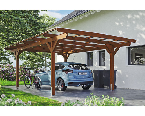 Přístřešek na auto SKAN HOLZ Odenwald vč. kotvy na sloupky 428 x 648 cm ořech Dřevěný přístřešek pro auto s autem a kolem