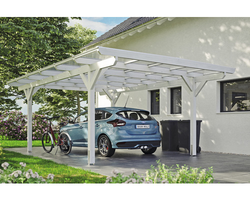 Přístřešek na auto SKAN HOLZ Odenwald vč. kotev pro sloupky, 428 x 648 cm bílý Bílý dřevěný přístřešek pro auto s autem, kolem a popelnicemi