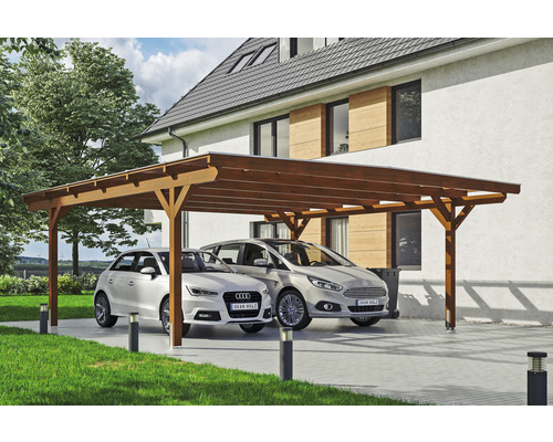 Přístřešek na auto dvojitý SKAN HOLZ Odenwald včetně kotev pro sloupky, 640 x 648 cm, ořech Dřevěný dvojitý carport se dvěma zaparkovanými auty před domem