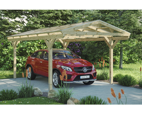 Přístřešek na auto SKAN HOLZ Westerwald, vč. kotev na sloupky, 362 x 648 cm přírodní Dřevěný přístřešek pro auto s autem venku
