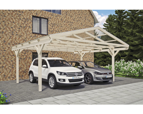 Přístřešek na auto dvojitý SKAN HOLZ Westerwald, včetně kotev pro sloupky, 570 x 541 cm, přírodní Dvojitý dřevěný přístřešek pro auto se dvěma zaparkovanými auty