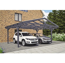 Dvojitý dřevěný carport se dvěma parkujícími auty