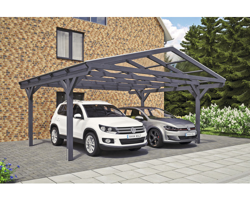 Přístřešek na auto dvojitý SKAN HOLZ Westerwald včetně kotev na sloupek, 570 x 541 cm, břidlice Dvojitý dřevěný carport se dvěma parkujícími auty