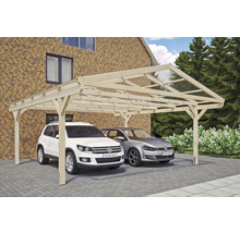 Dvojitý dřevěný carport se dvěma zaparkovanými auty